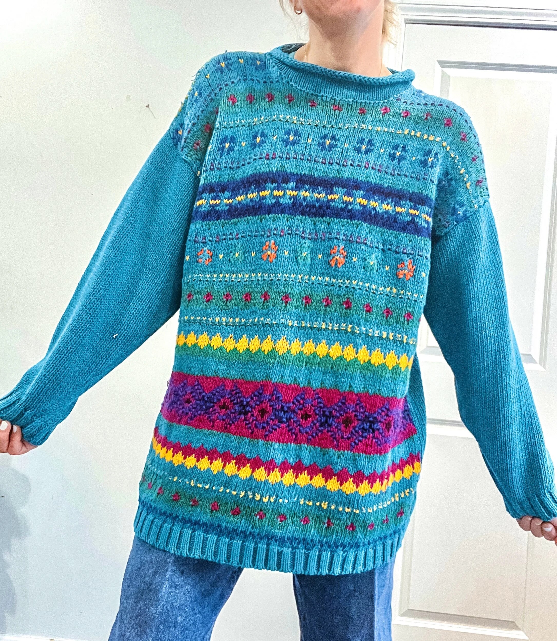 Teal Knit Floral Oversized Sweater