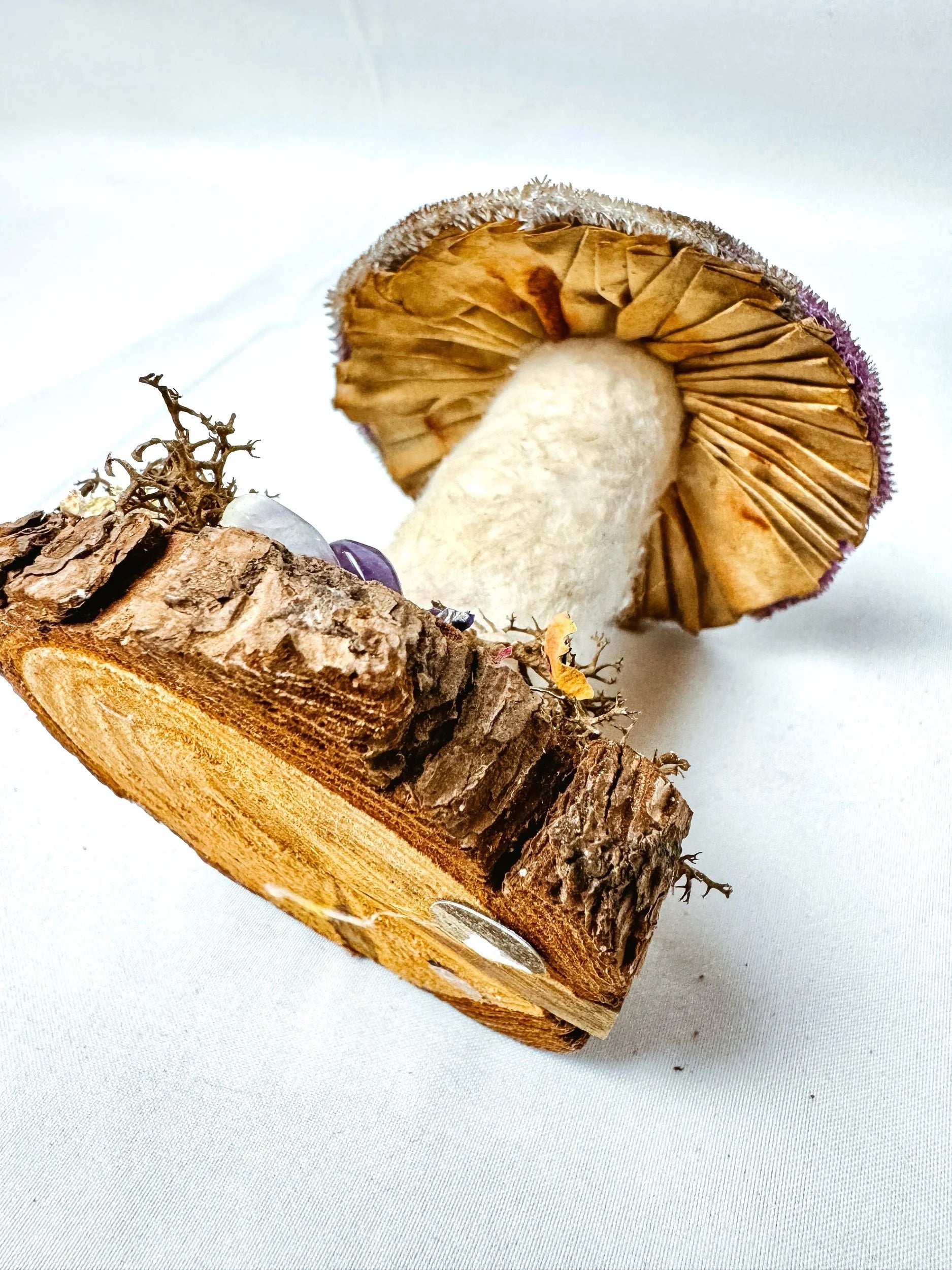 Single Purple Velvet Mushroom on Wooden Stump w/ Crystals