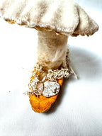 Single Cream Velvet Mushroom on Wooden Base w/ Crystals