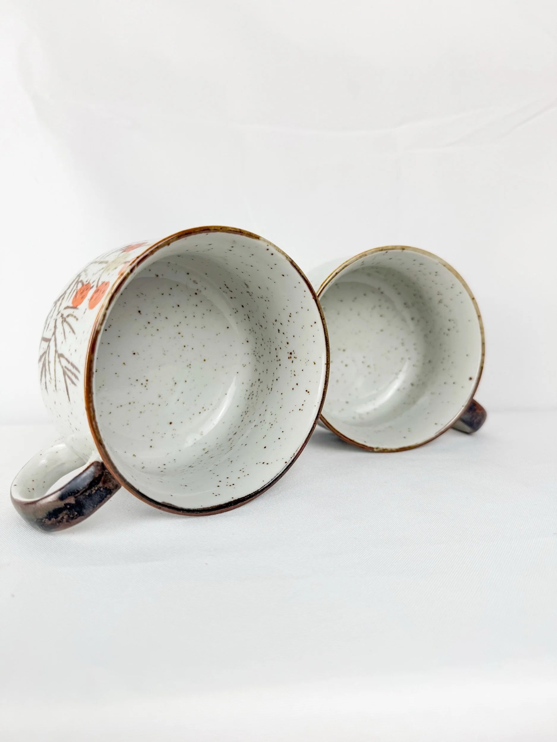 Set of Two Large, Hand-Painted Floral Pottery Mugs