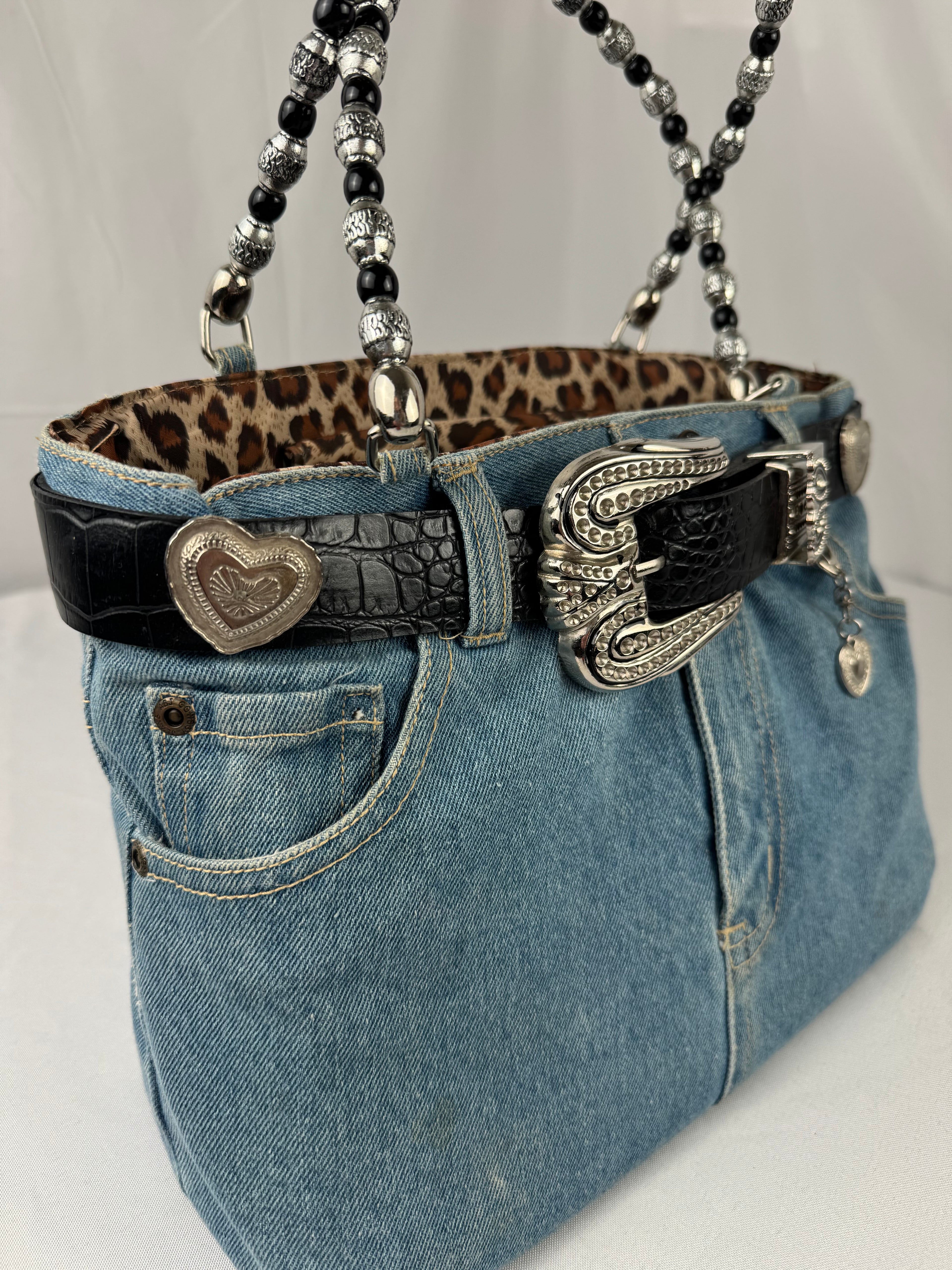 Vintage Y2K Denim Bootie Belt Bag w/ Beaded Handles