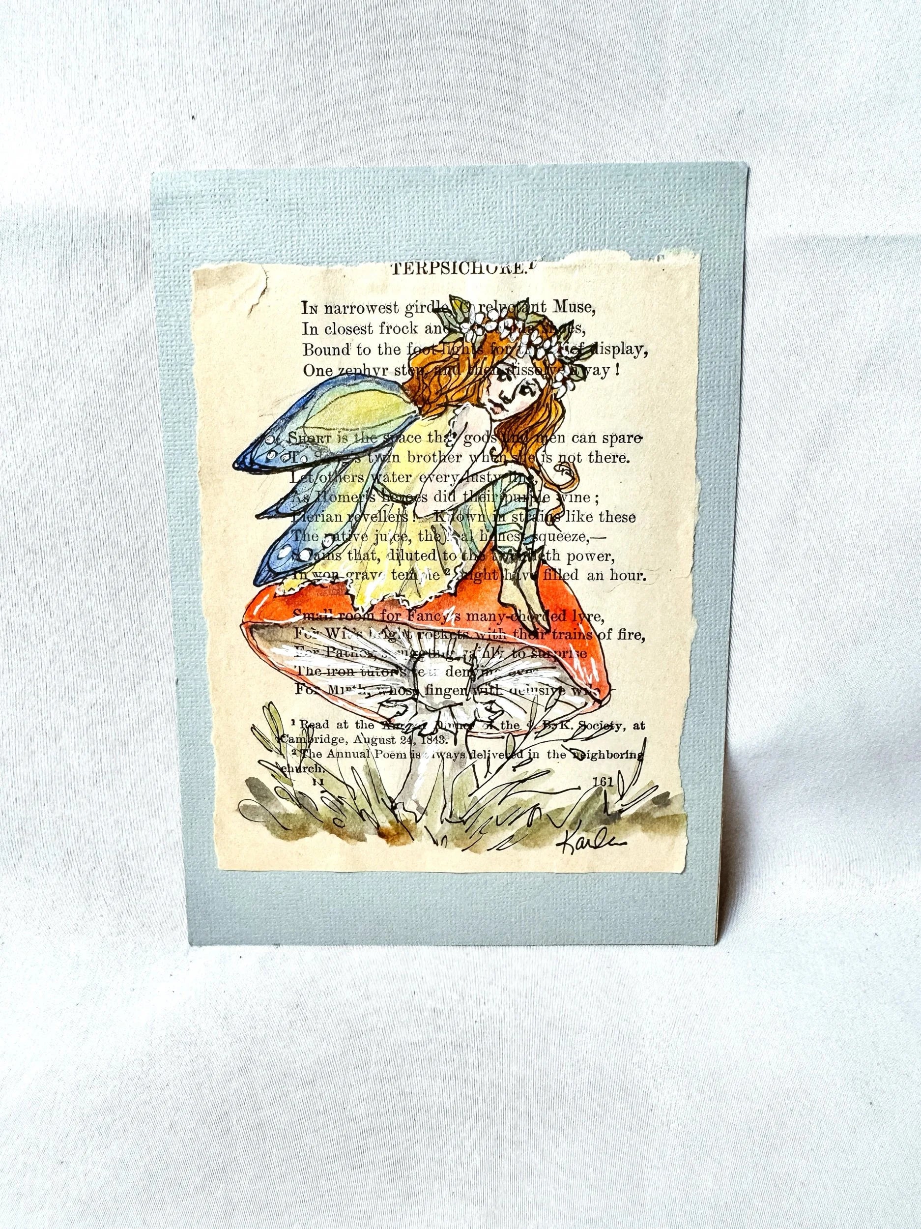 Original Painting, Fairy on Mushroom Over Book Page