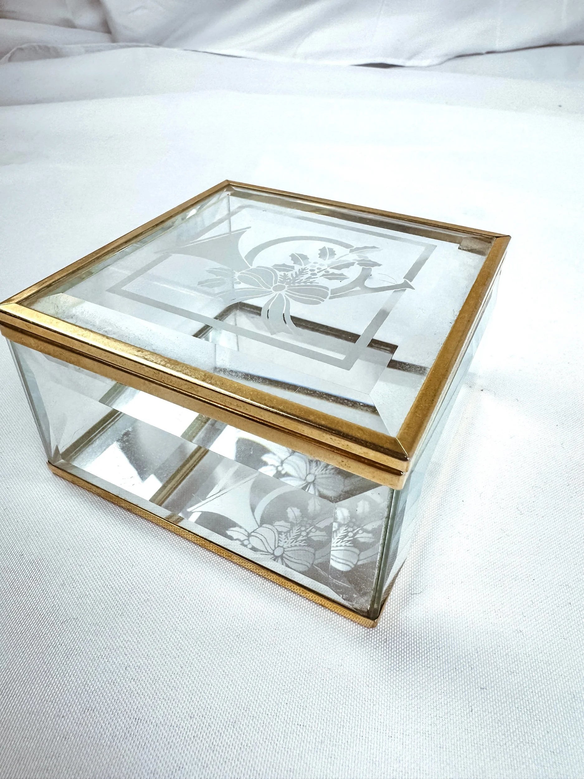 French Horn Etched Brass and Glass Box
