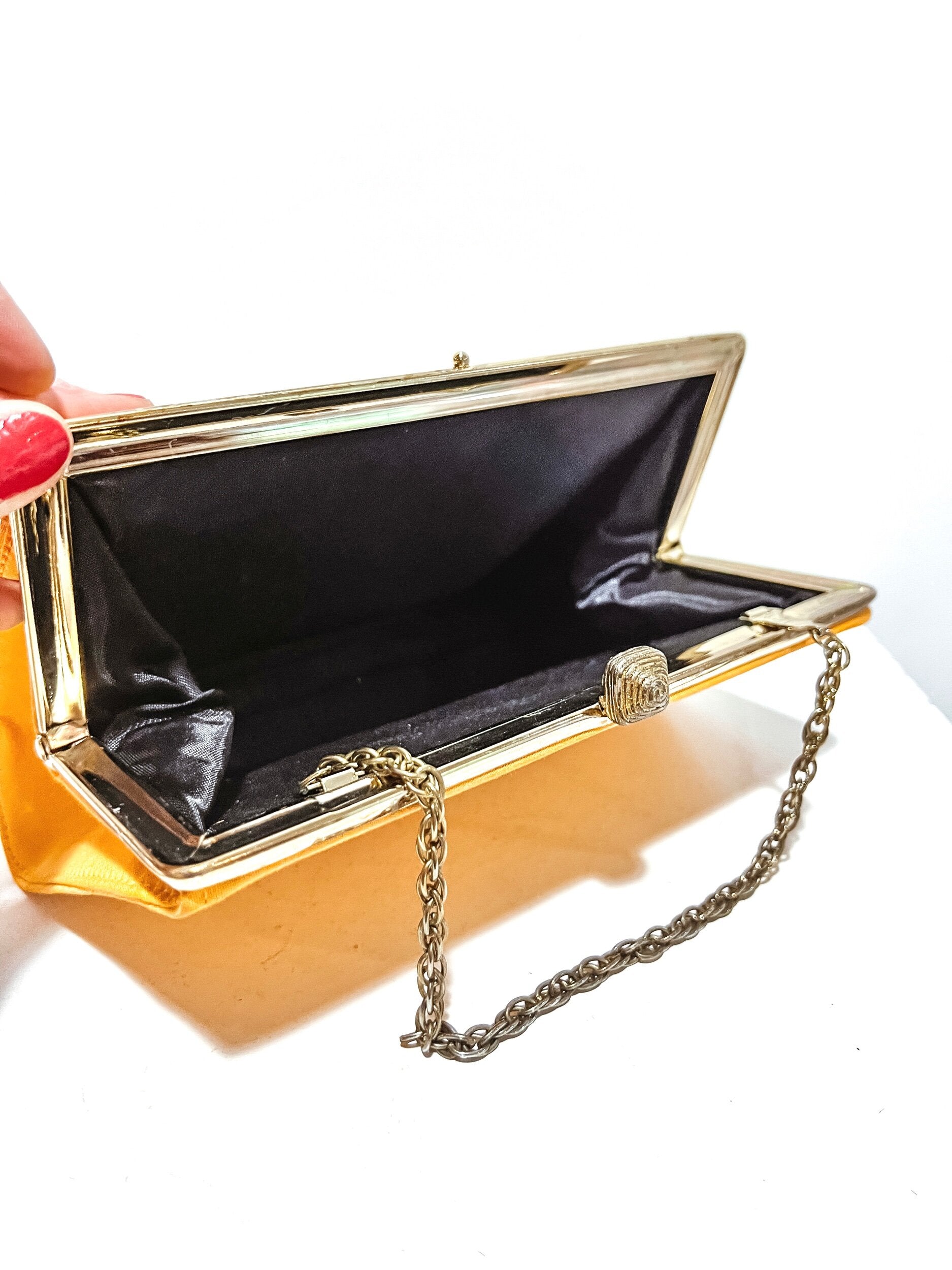 Vintage Orange Handbag, Brass Chain Handle