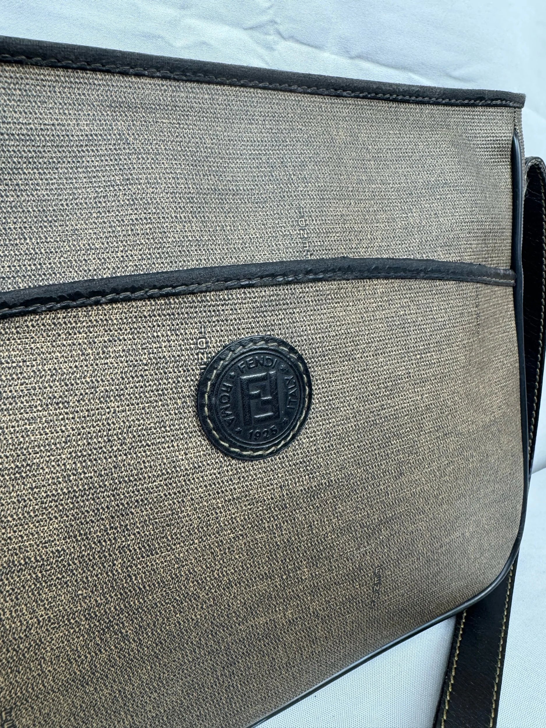 Vintage Fendi Coated Canvas/Black Leather Messenger Crossbody Bag