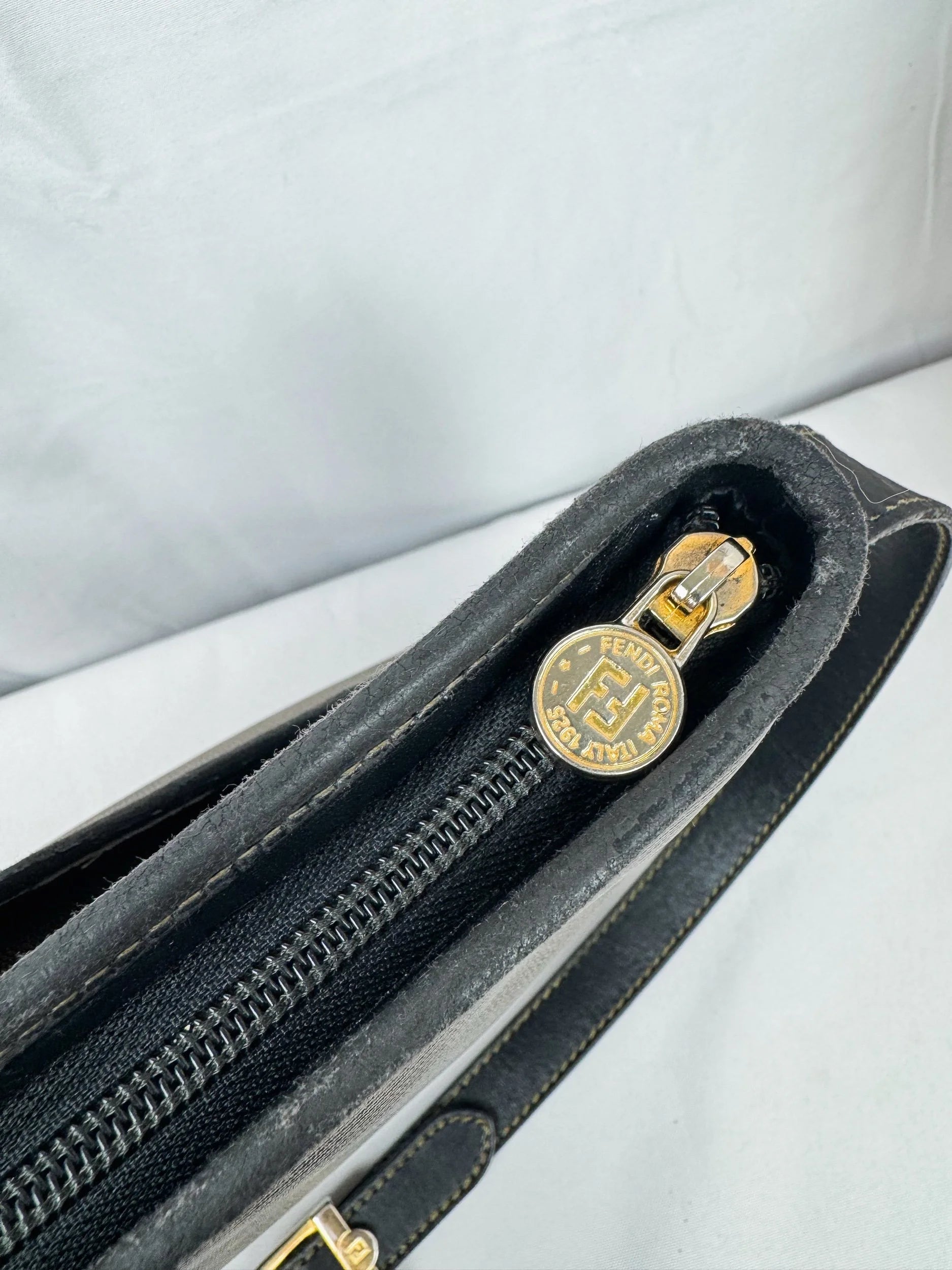 Vintage Fendi Coated Canvas/Black Leather Messenger Crossbody Bag