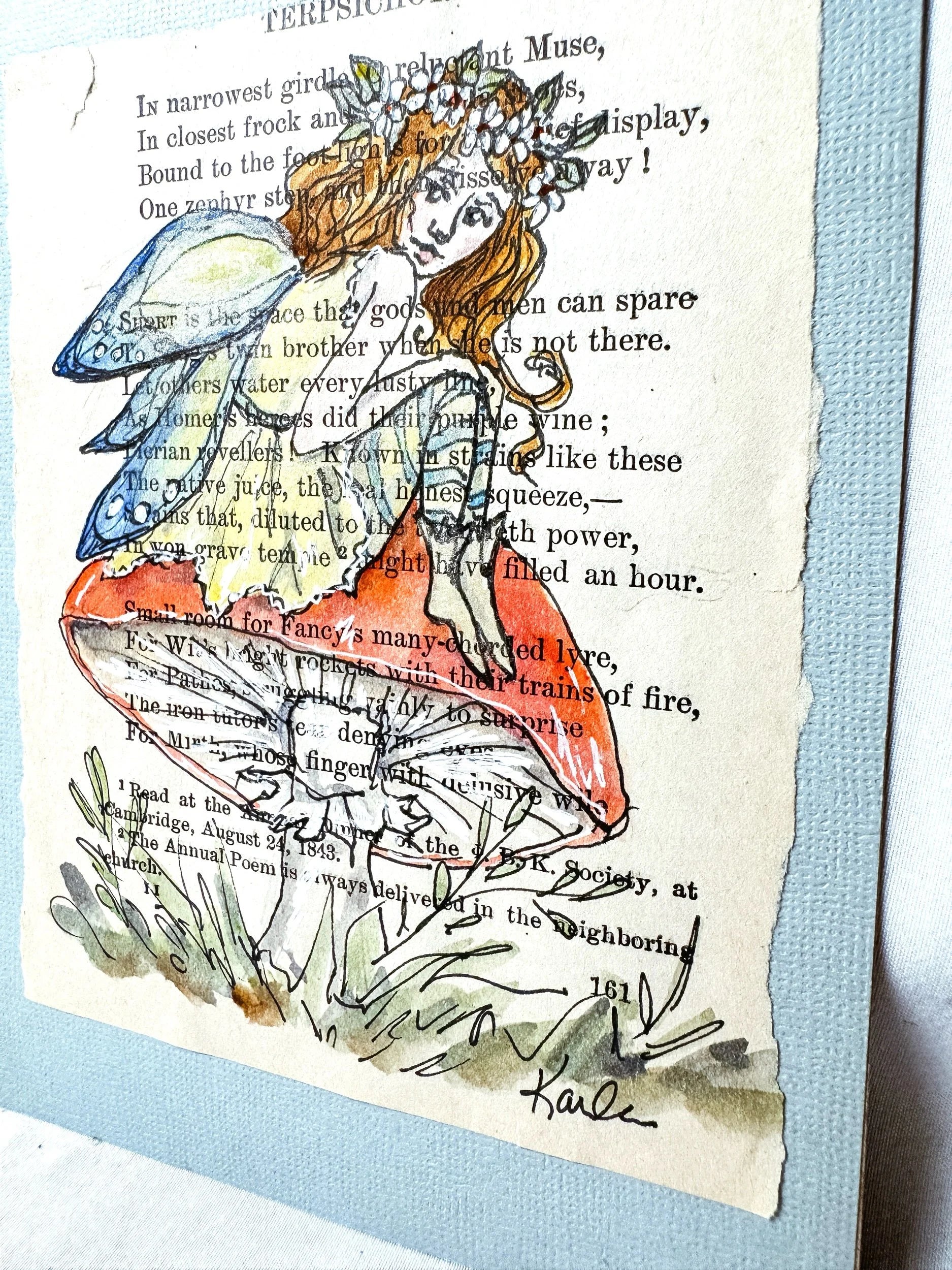 Original Painting, Fairy on Mushroom Over Book Page