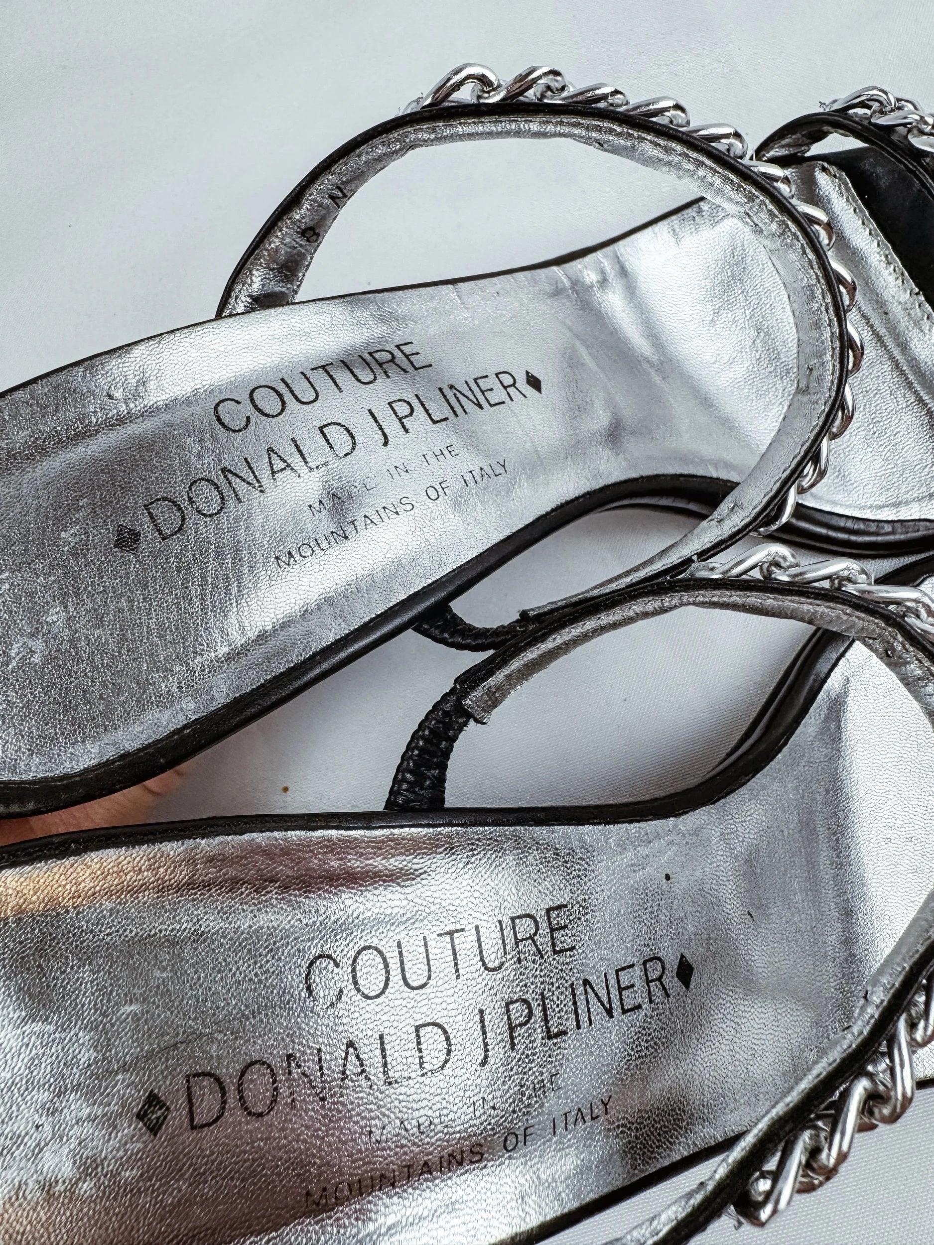 Donald K Pliner Italian Silver/Black Chain Heels