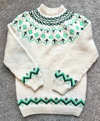 Hand-Knit Cream/ Green Wool Sweater