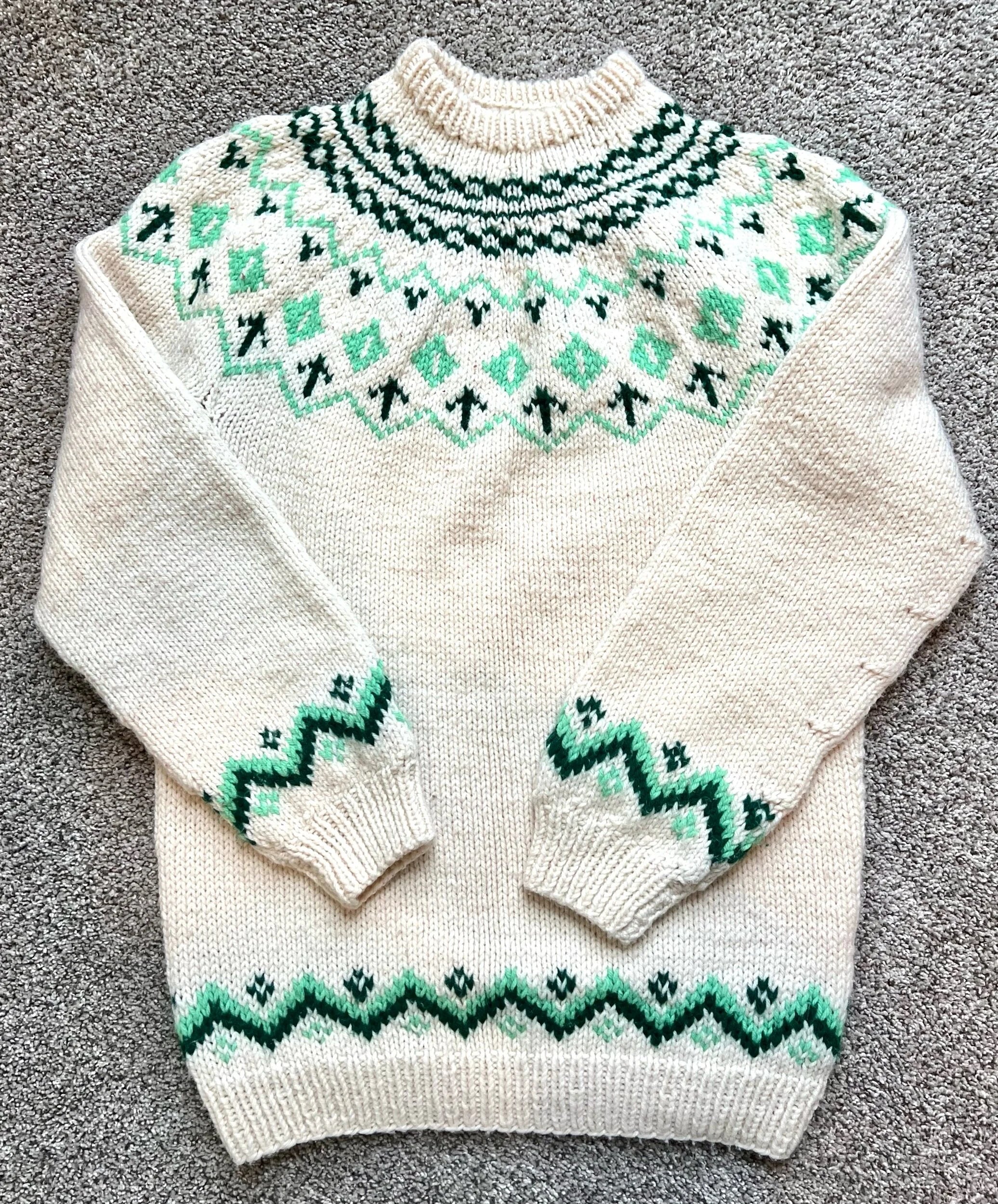 Hand-Knit Cream/ Green Wool Sweater