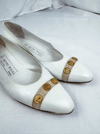 Bruno Magli White/Gold Leather Kitten Heels