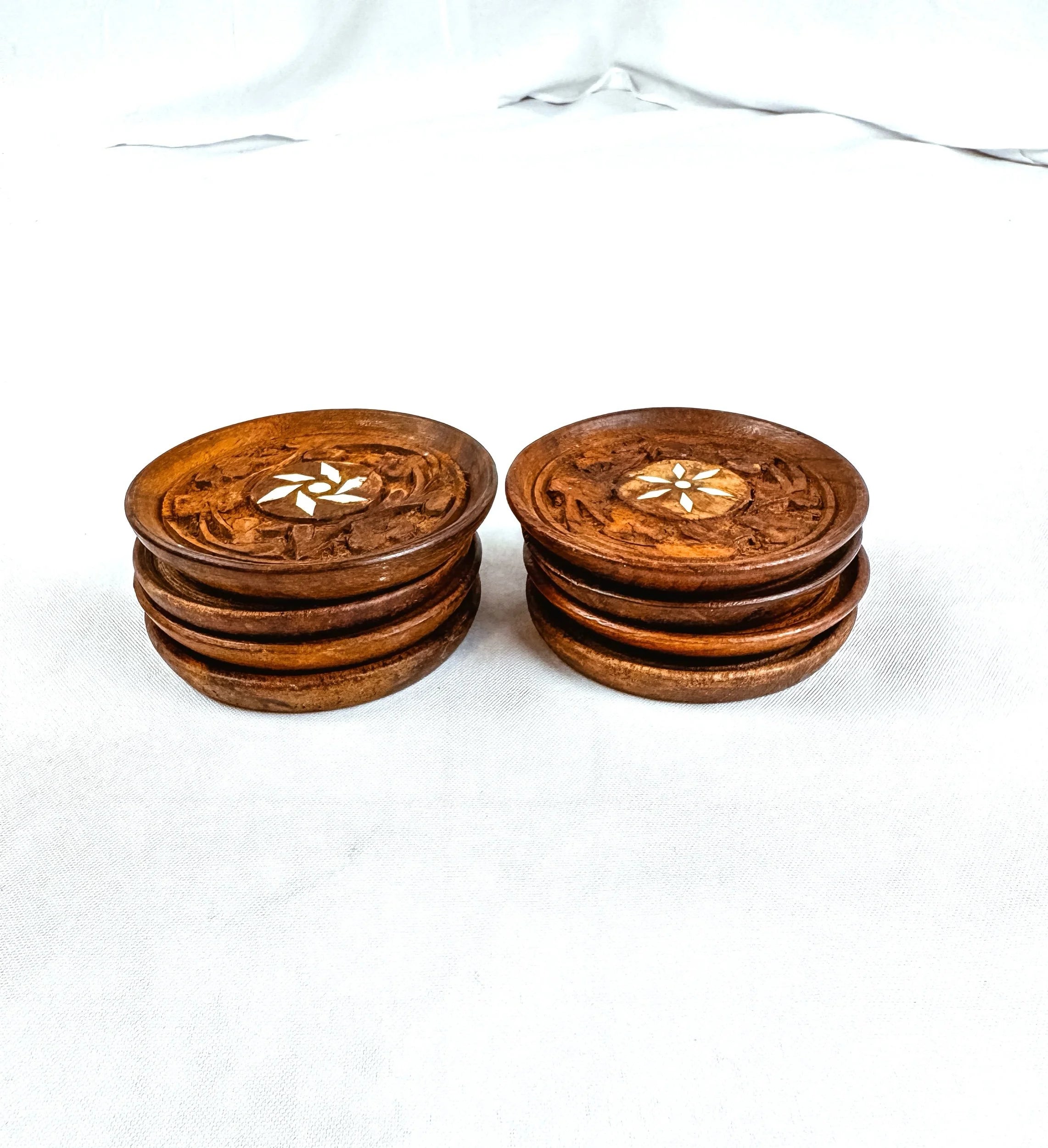 Set of 8 Vintage Carved Wood Coasters