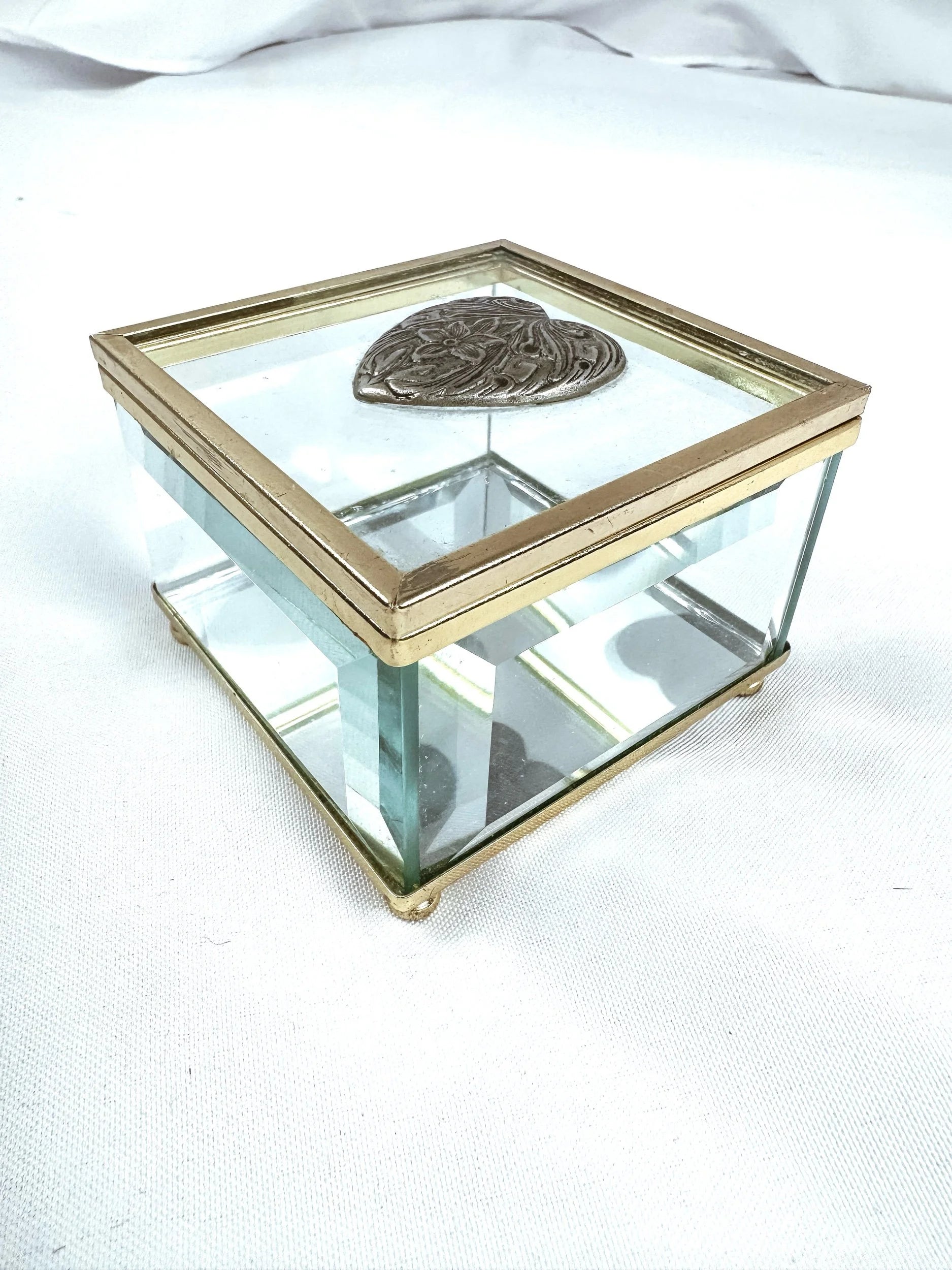 Silver Heart Mirrored Glass and Brass Box