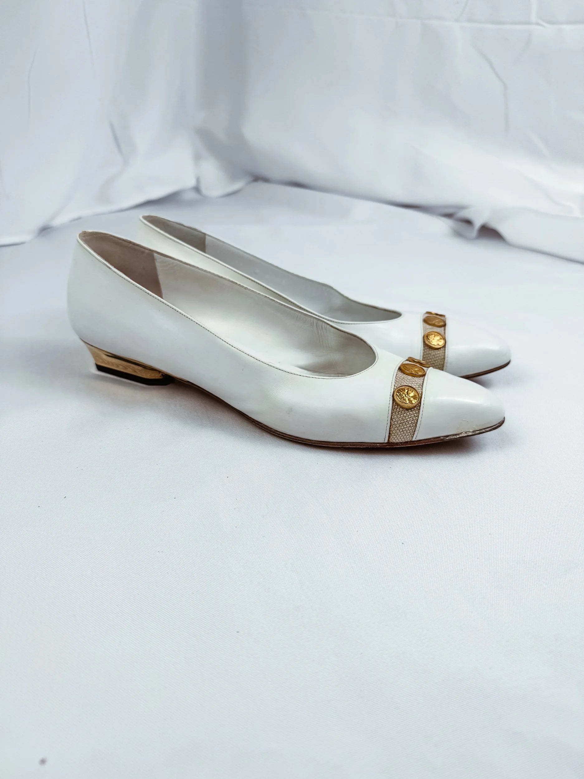 Bruno Magli White/Gold Leather Kitten Heels
