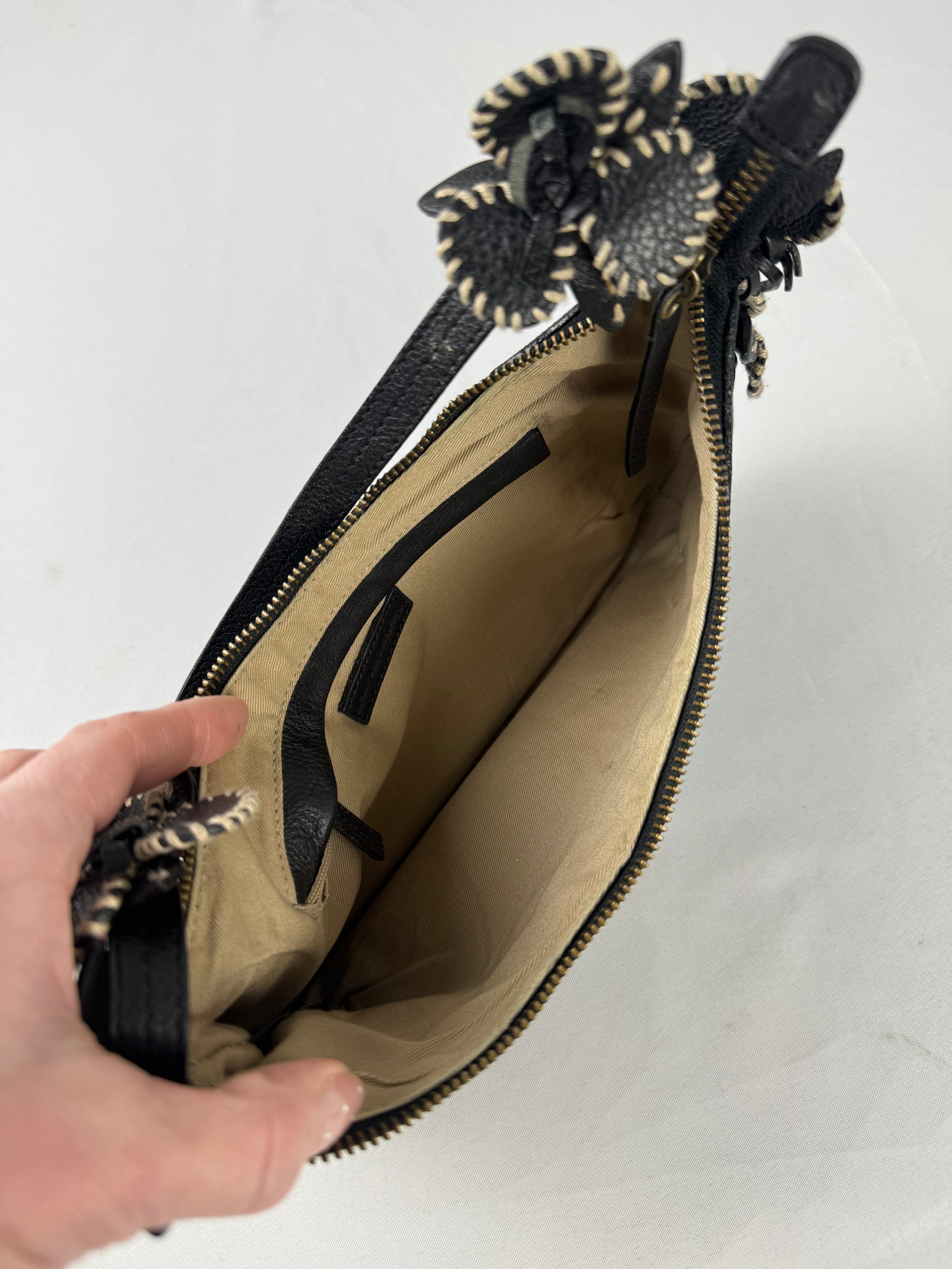 Antonio Melani Y2K Black Pebbled Leather Floral Shoulder Bag