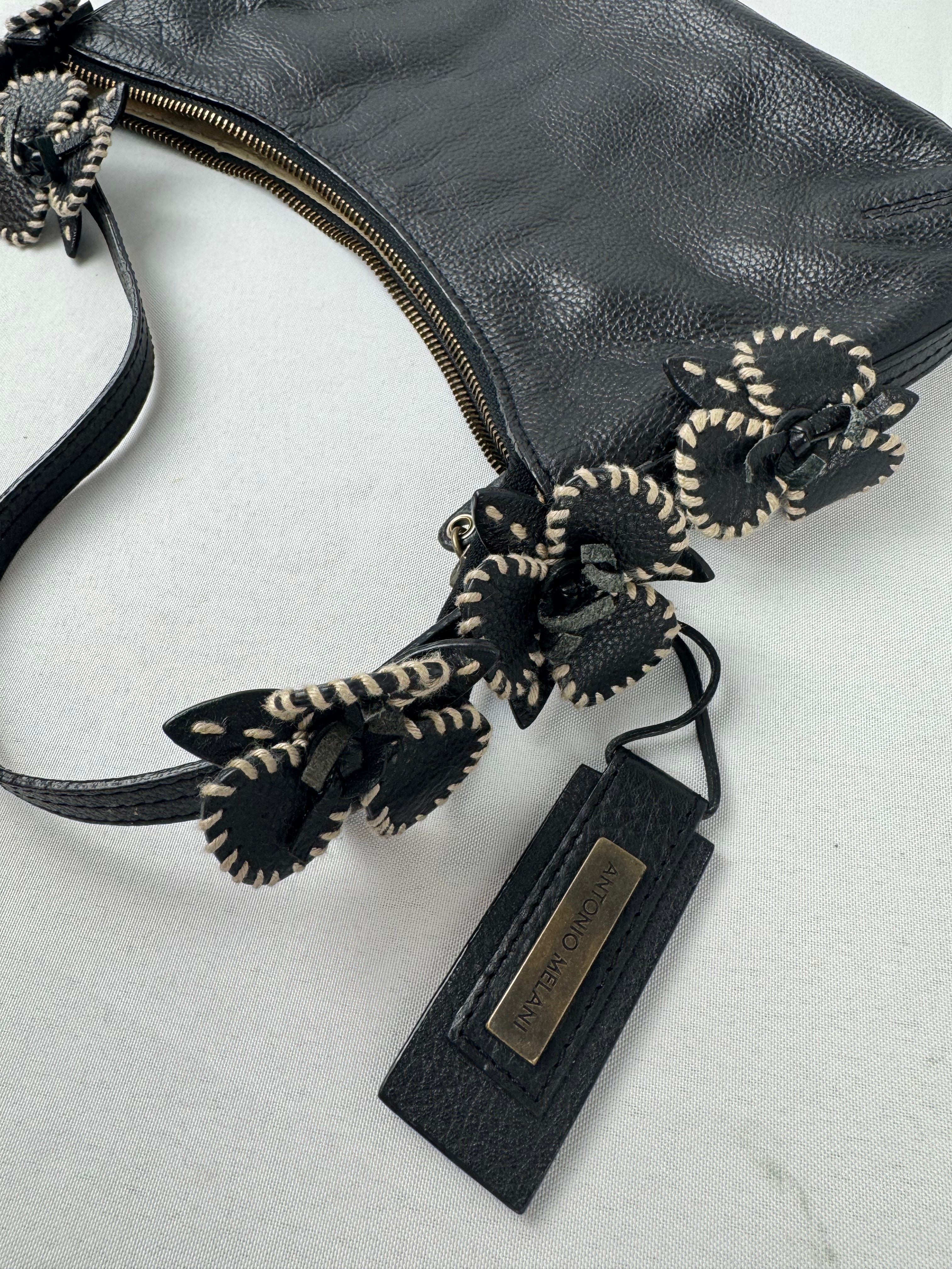 Antonio Melani Y2K Black Pebbled Leather Floral Shoulder Bag