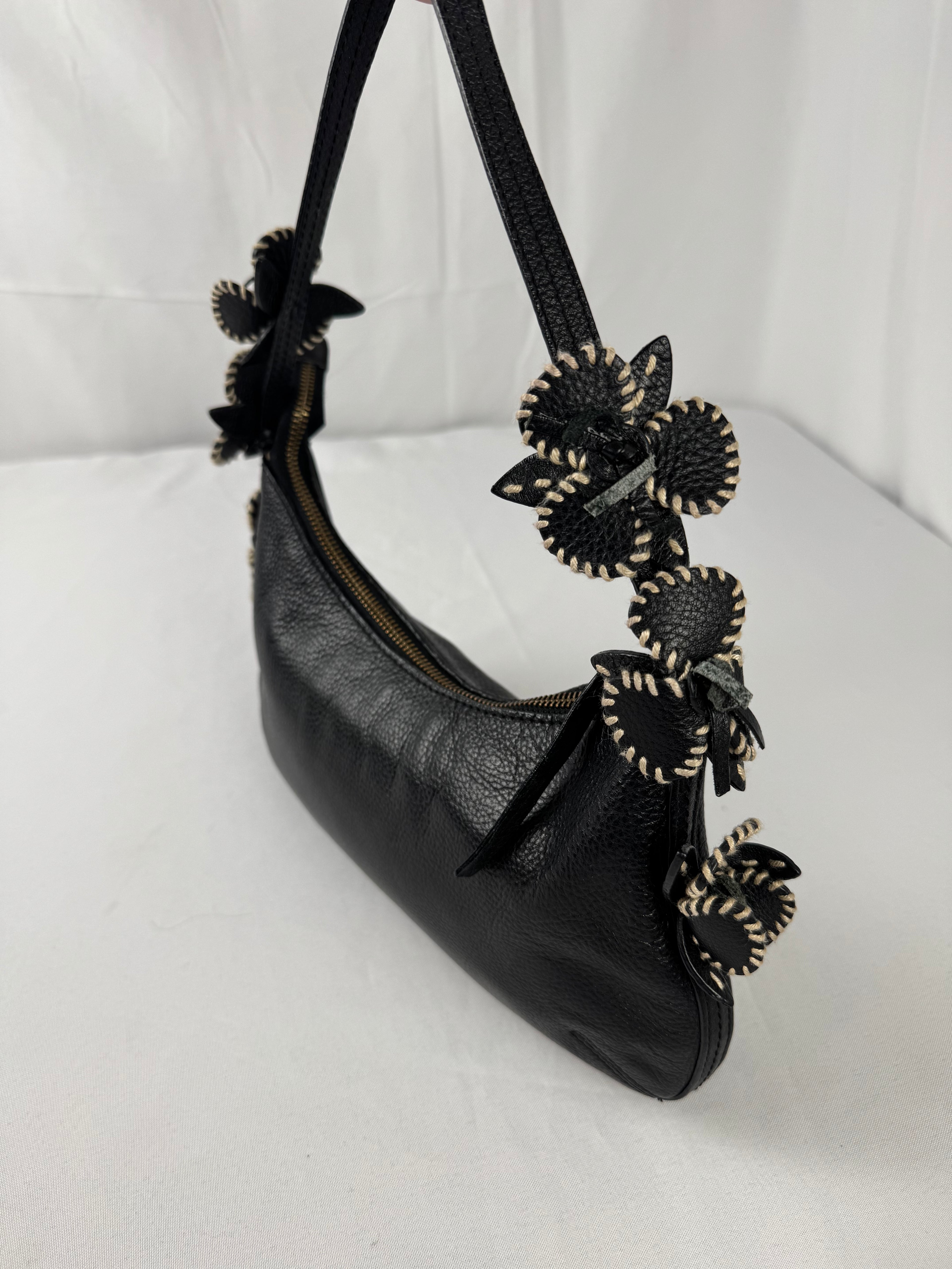 Antonio Melani Y2K Black Pebbled Leather Floral Shoulder Bag