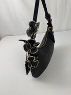 Antonio Melani Y2K Black Pebbled Leather Floral Shoulder Bag