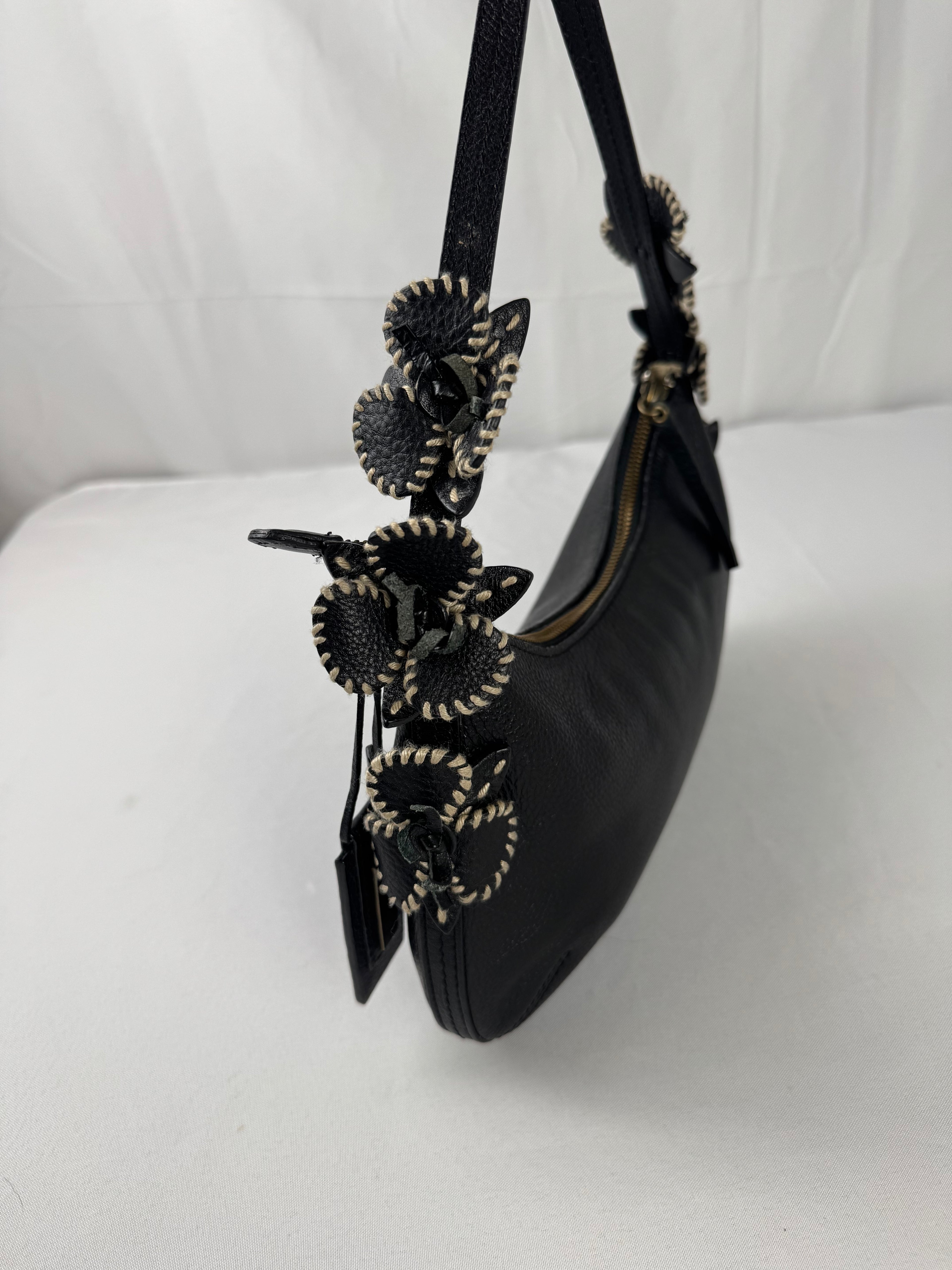Antonio Melani Y2K Black Pebbled Leather Floral Shoulder Bag