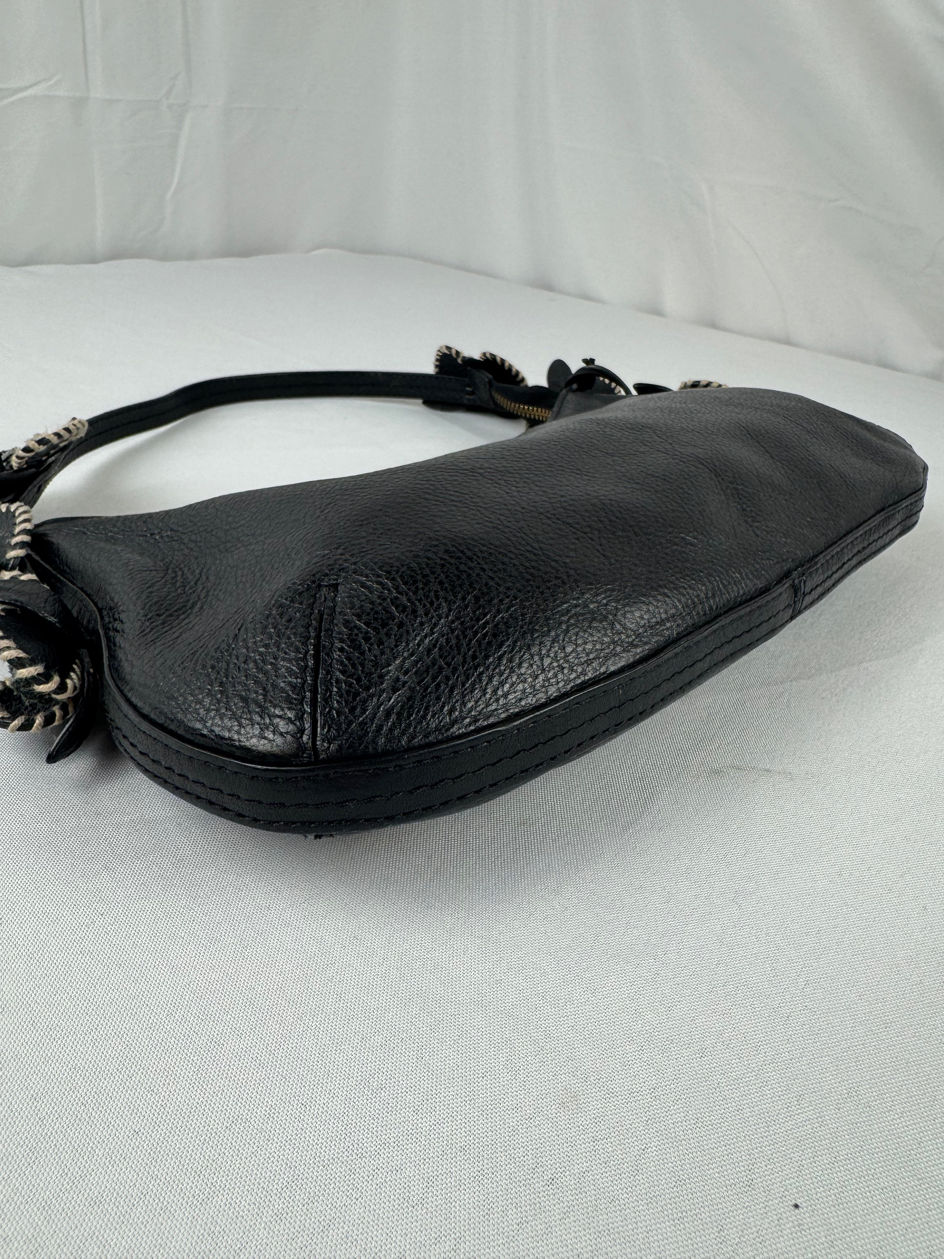 Antonio Melani Y2K Black Pebbled Leather Floral Shoulder Bag